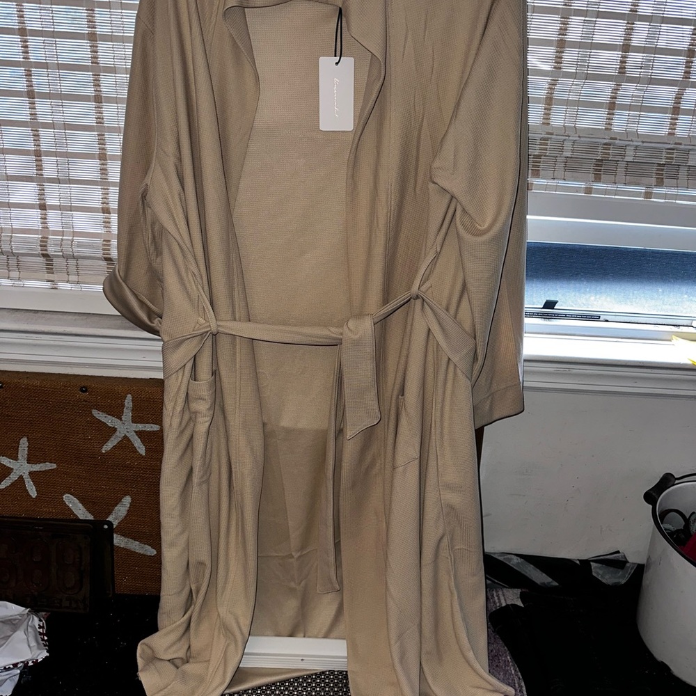 Super Comfy Beige Belted Waffle Knit Robe